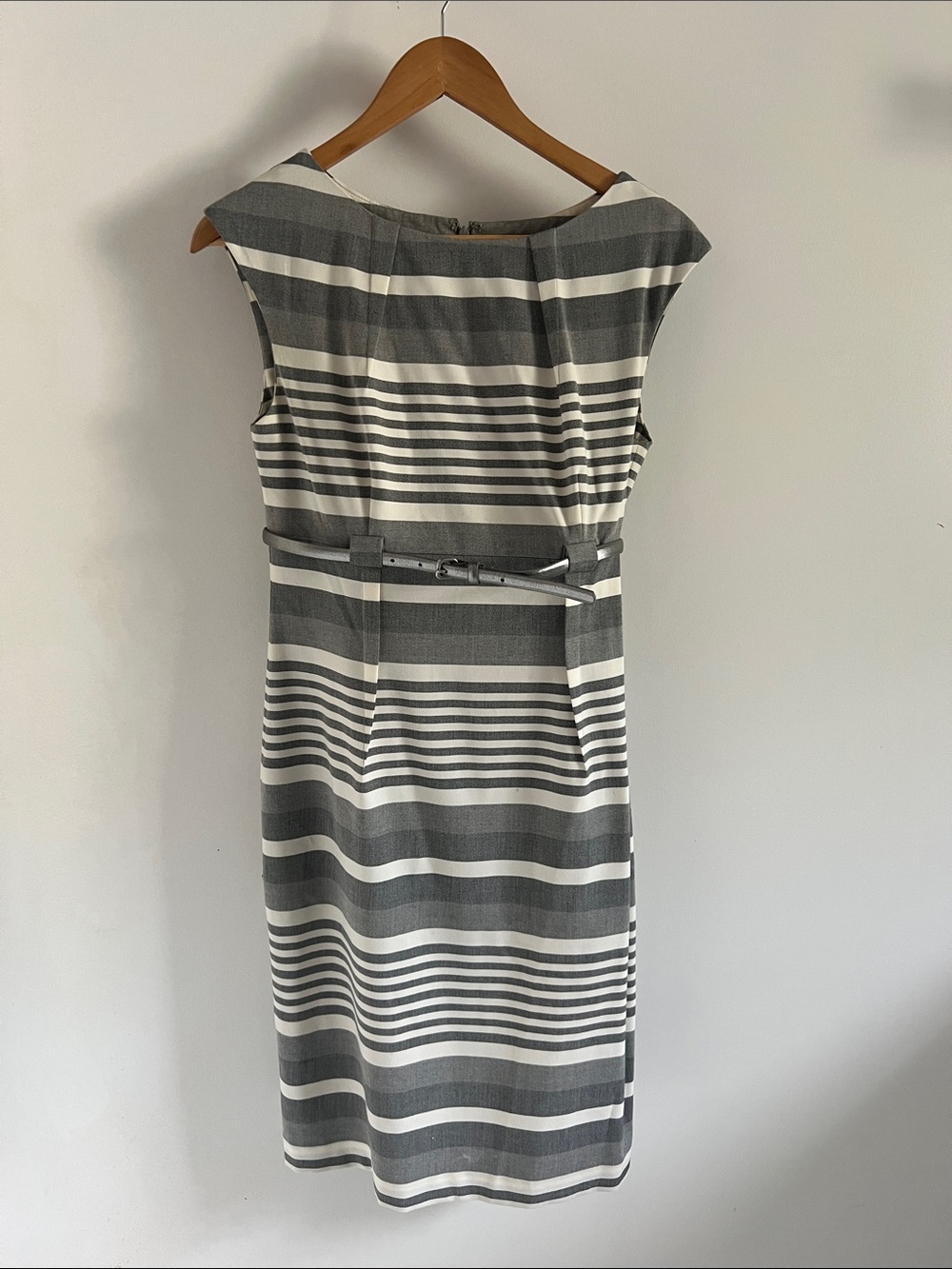 Calvin Klein Grey and White Striped Sheath Dress with Belt